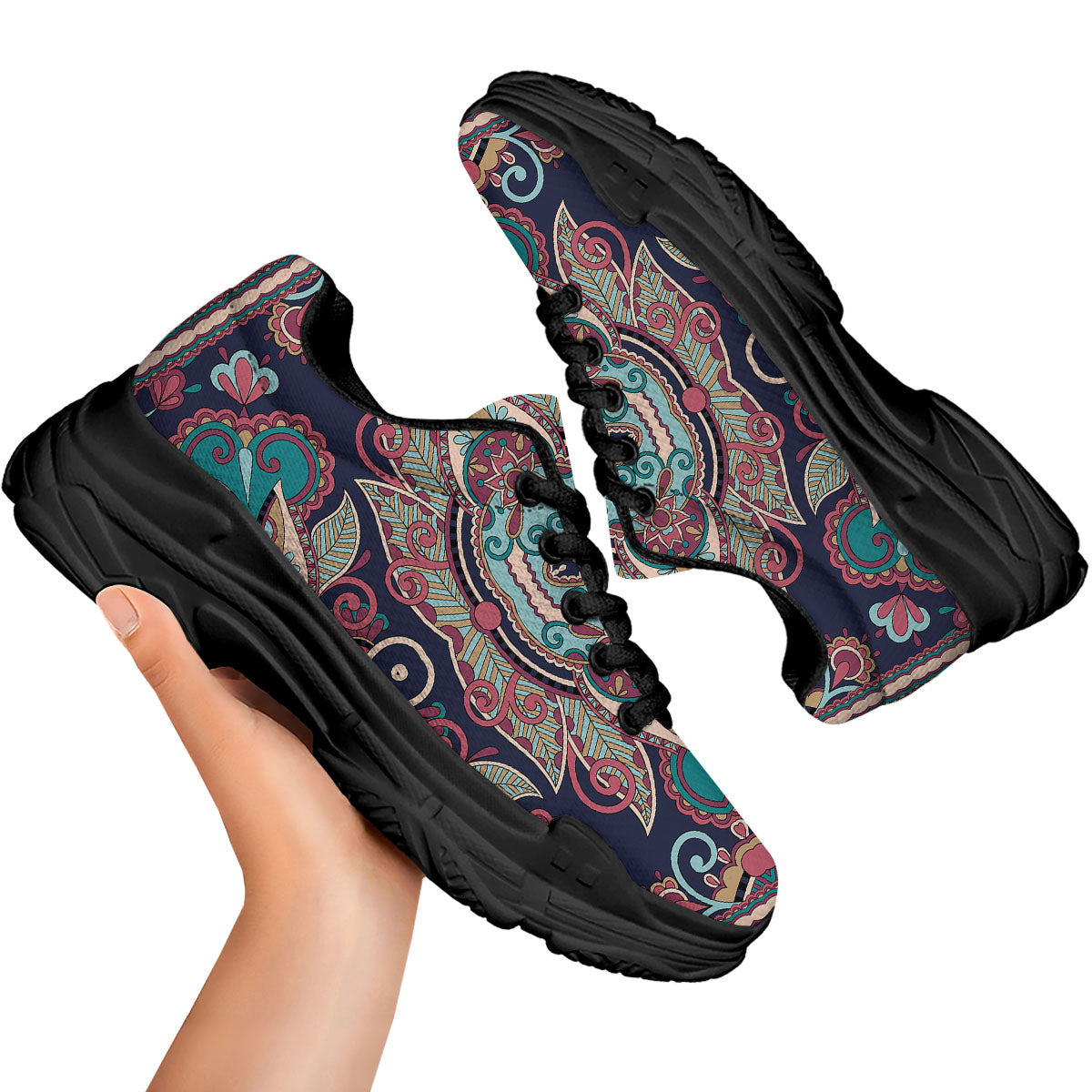 Paisley Mandala Ornamental Print Black Chunky Shoes-grizzshop