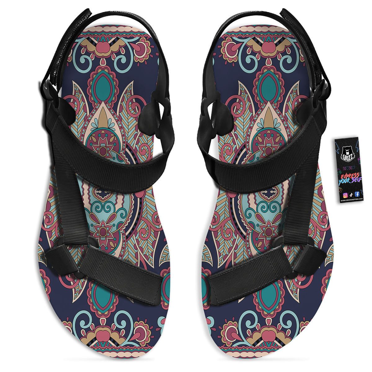 Paisley Mandala Ornamental Print Black Open Toe Sandals-grizzshop