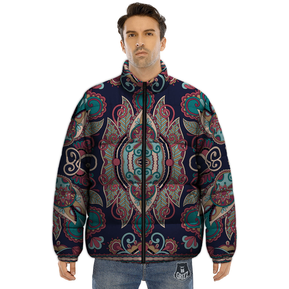 Paisley Mandala Ornamental Print Puffer Jacket-grizzshop