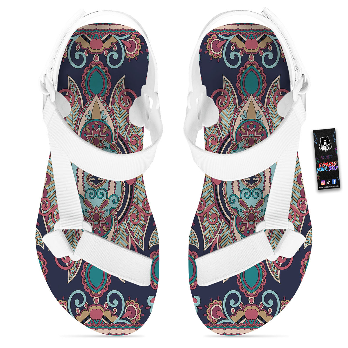Paisley Mandala Ornamental Print White Open Toe Sandals-grizzshop