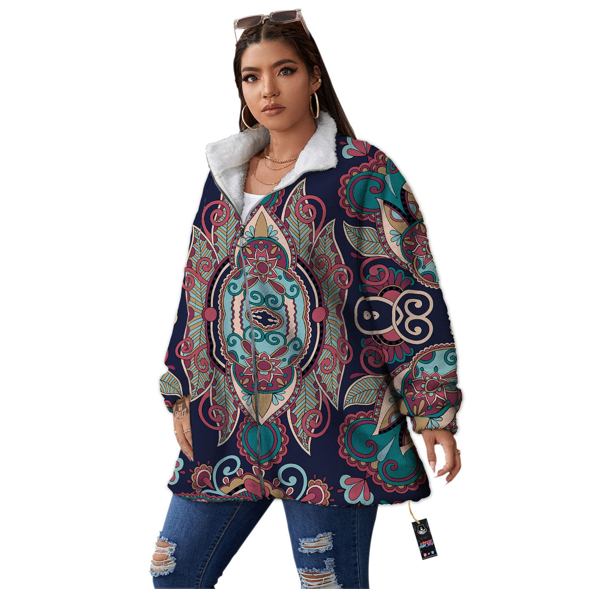 Paisley Mandala Ornamental Print Women's Sherpa Jacket-grizzshop