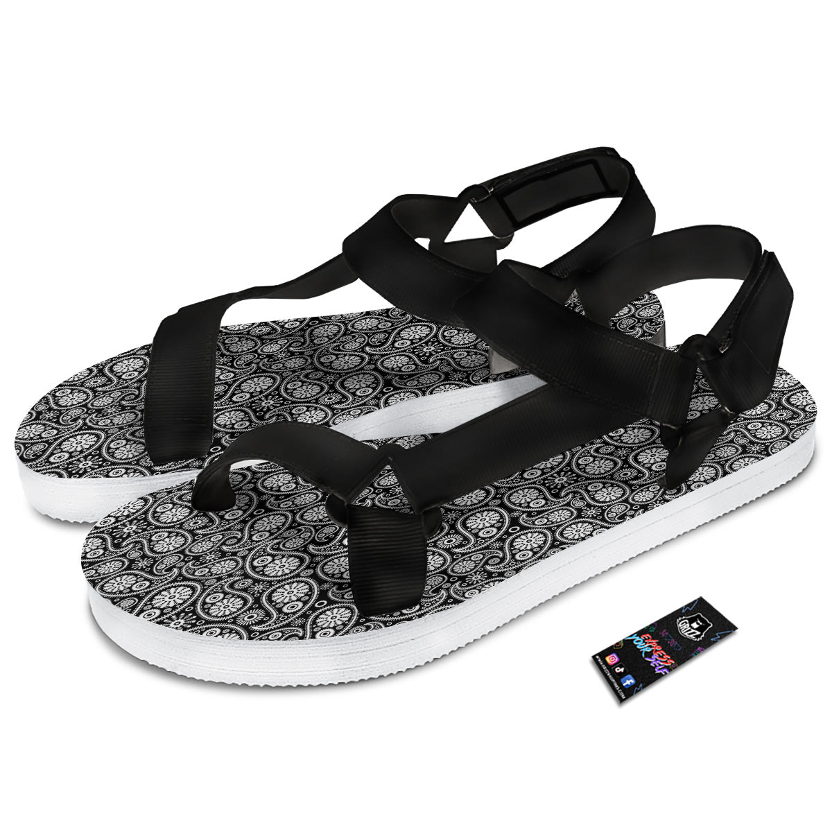 Paisley Ornament Black White And Flora Print Pattern Black Open Toe Sandals-grizzshop