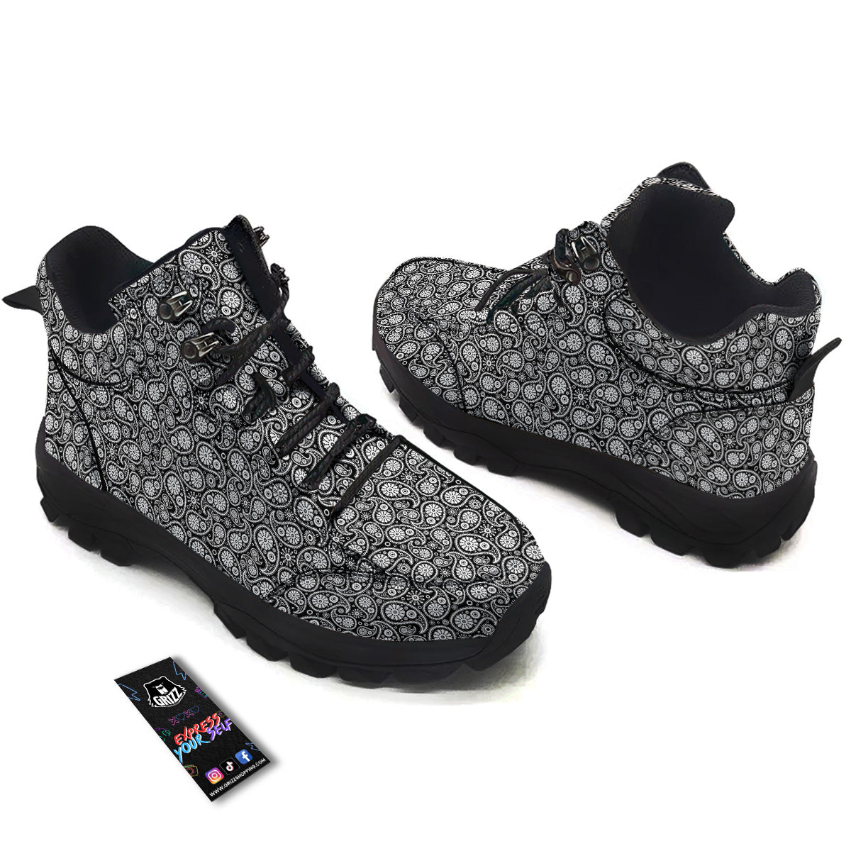 Paisley Ornament Black White And Flora Print Pattern Hiking Shoes-grizzshop