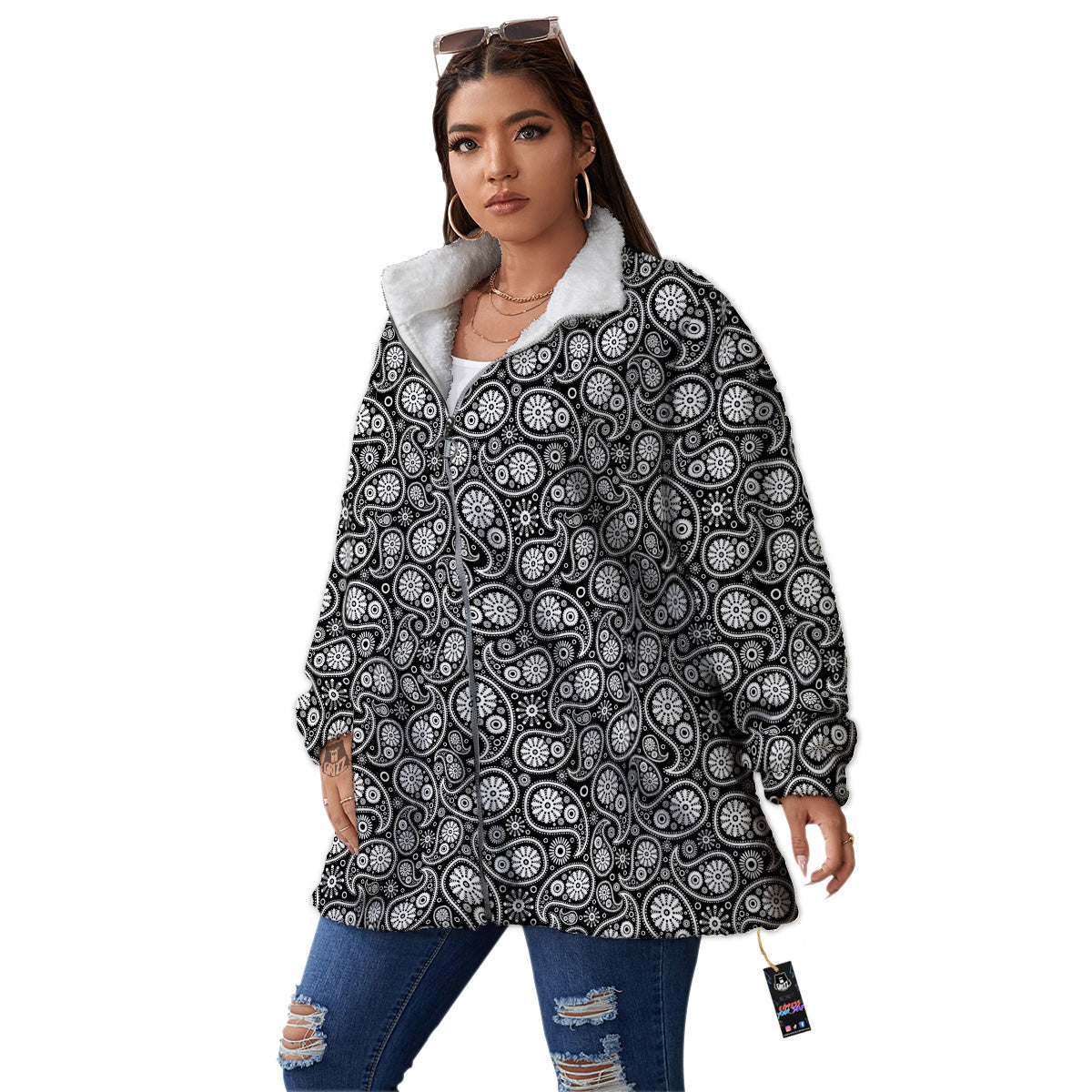 Paisley Ornament Black White And Flora Print Pattern Women's Sherpa Jacket-grizzshop