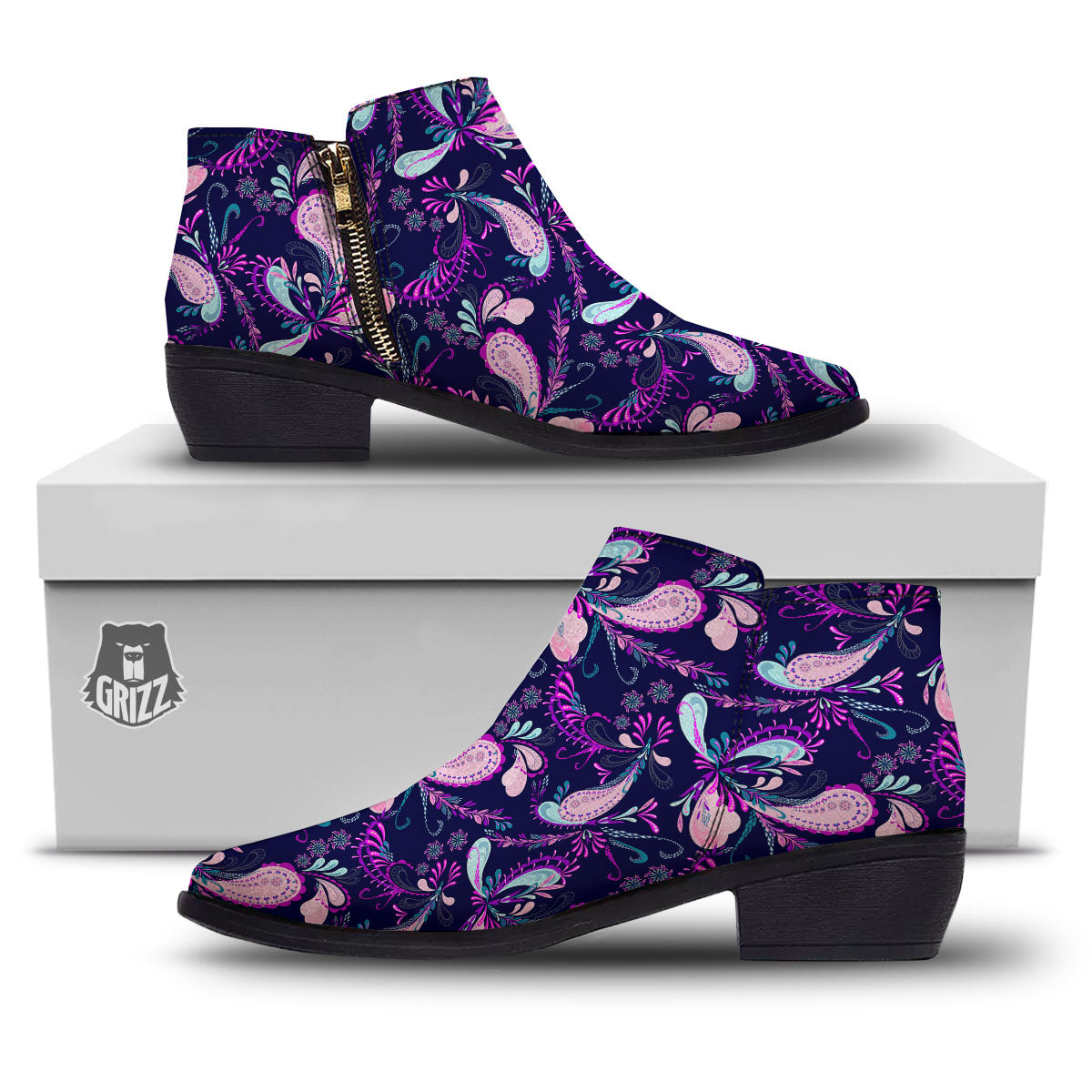 Paisley Pink And Purple Print Pattern Ankle Boots-grizzshop