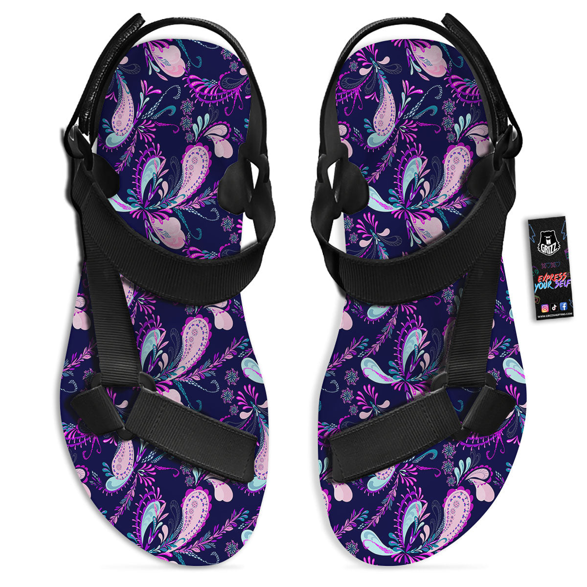 Paisley Pink And Purple Print Pattern Black Open Toe Sandals-grizzshop