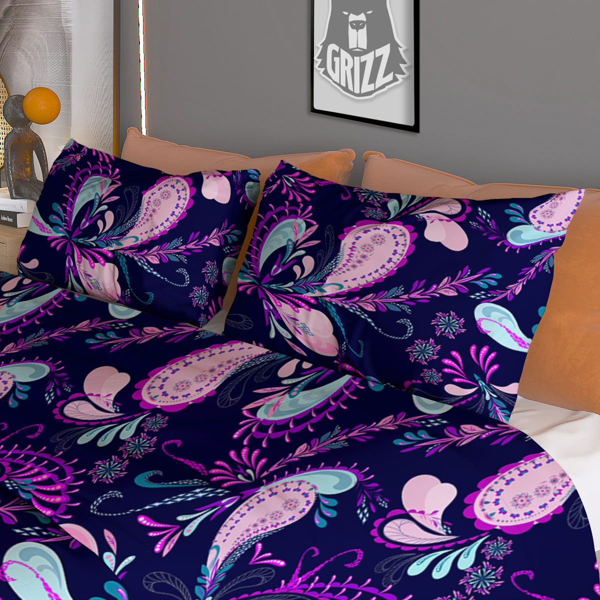 Paisley Red And Grey Print Pattern Duvet Cover Bedding Set