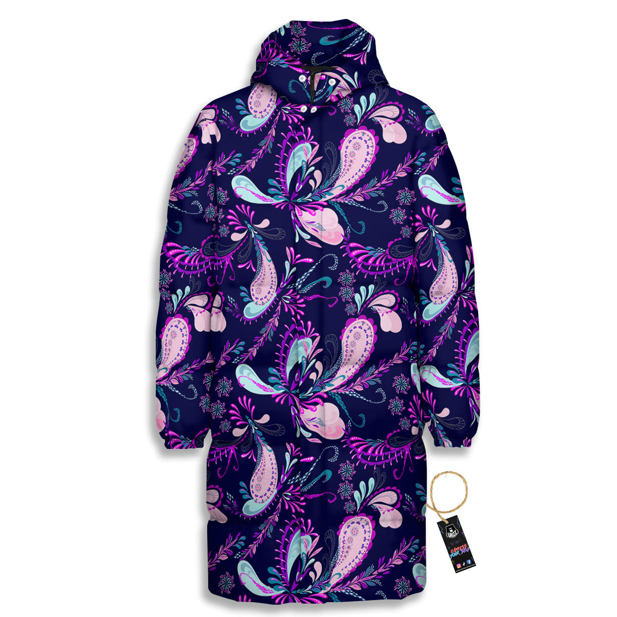 Paisley Pink And Purple Print Pattern Long Down Jacket-grizzshop
