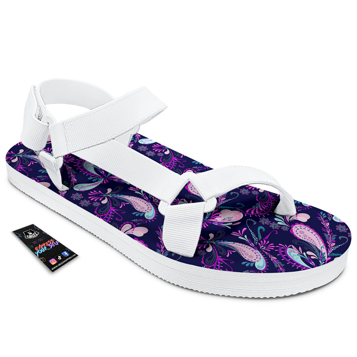 Paisley Pink And Purple Print Pattern White Open Toe Sandals-grizzshop