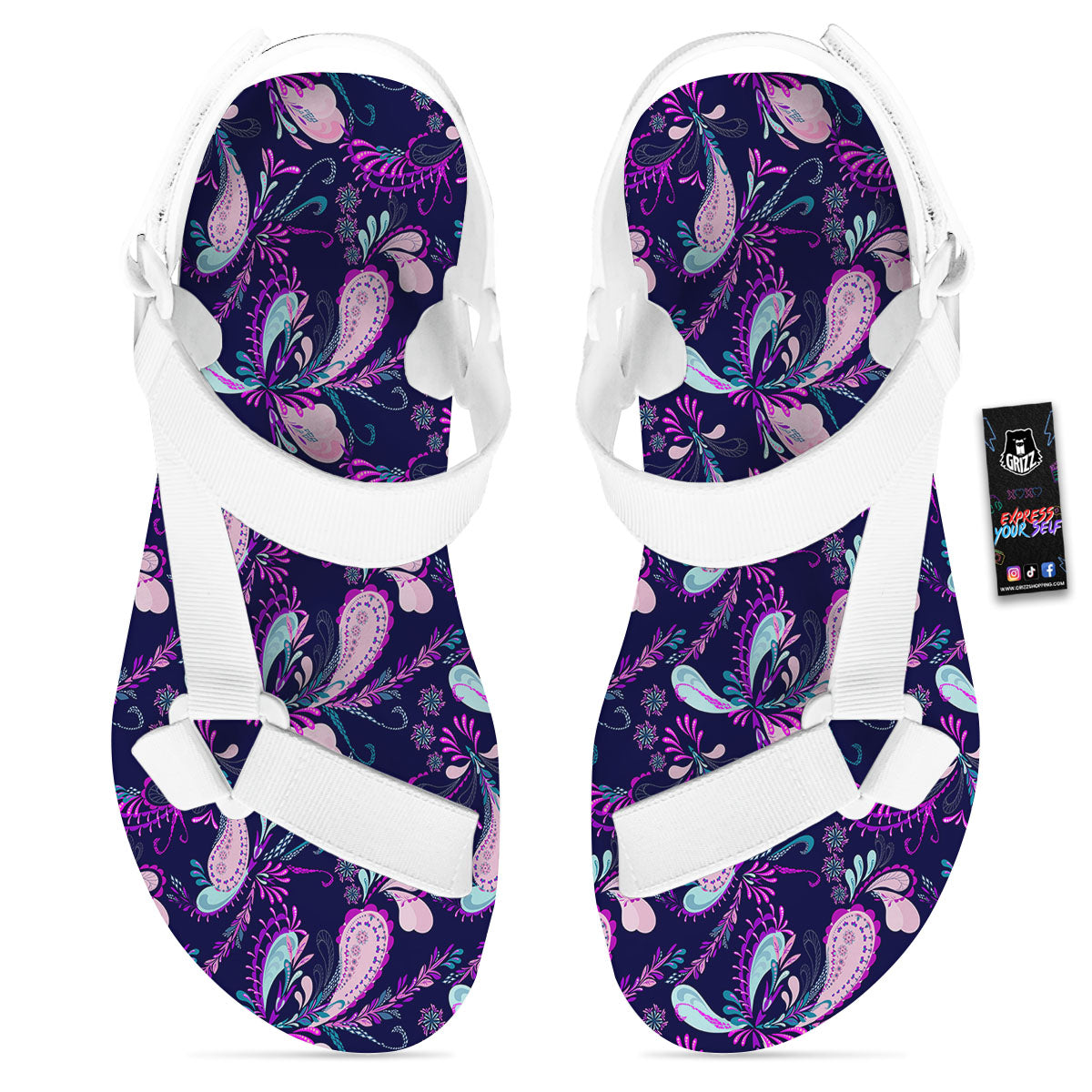 Paisley Pink And Purple Print Pattern White Open Toe Sandals-grizzshop