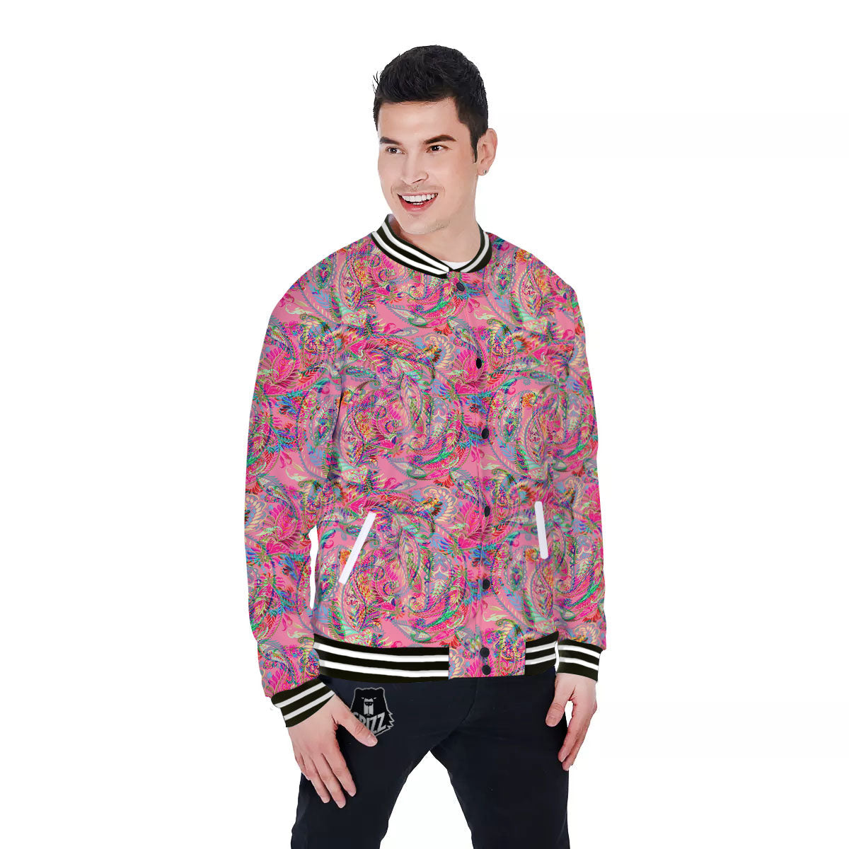 Paisley Pink Print Pattern Baseball Jacket-grizzshop