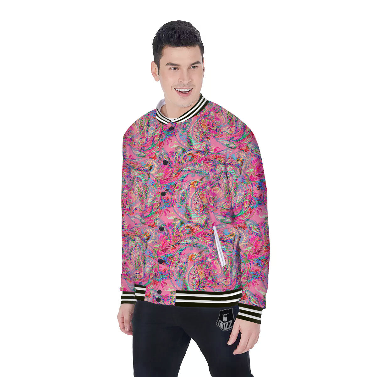 Paisley Pink Print Pattern Baseball Jacket-grizzshop