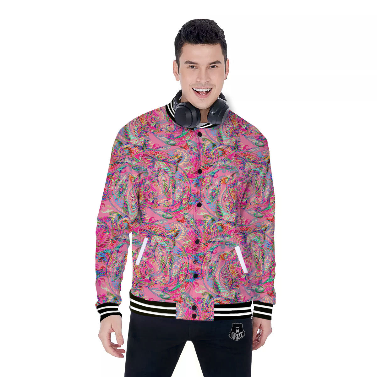 Paisley Pink Print Pattern Baseball Jacket-grizzshop