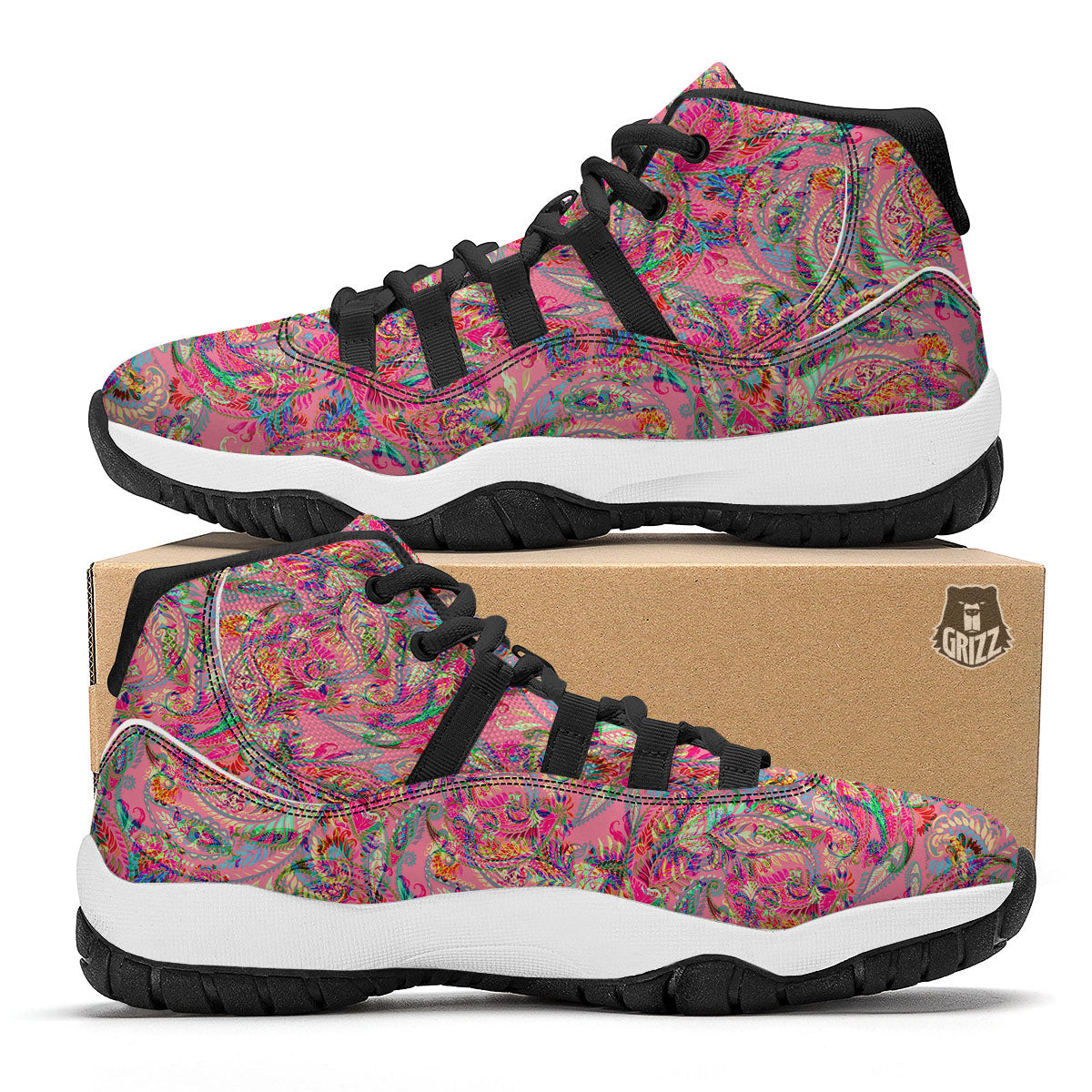 Paisley Pink Print Pattern Black Bball Shoes-grizzshop