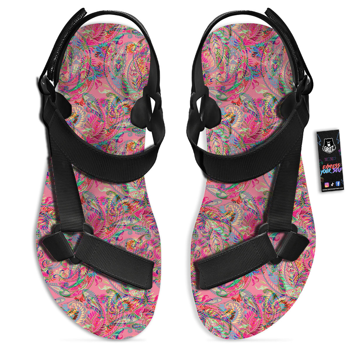 Paisley Pink Print Pattern Black Open Toe Sandals-grizzshop