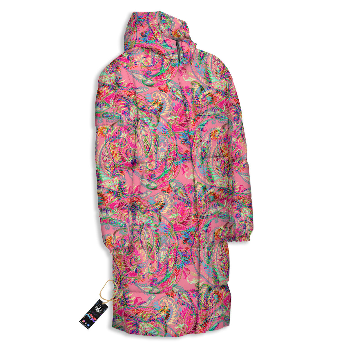 Paisley Pink Print Pattern Long Down Jacket-grizzshop