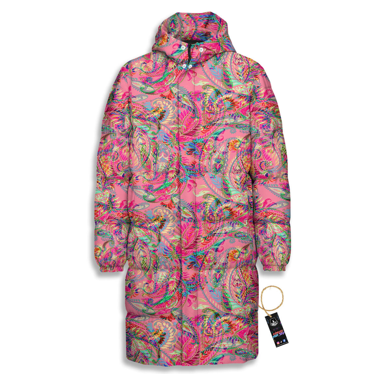 Paisley Pink Print Pattern Long Down Jacket-grizzshop