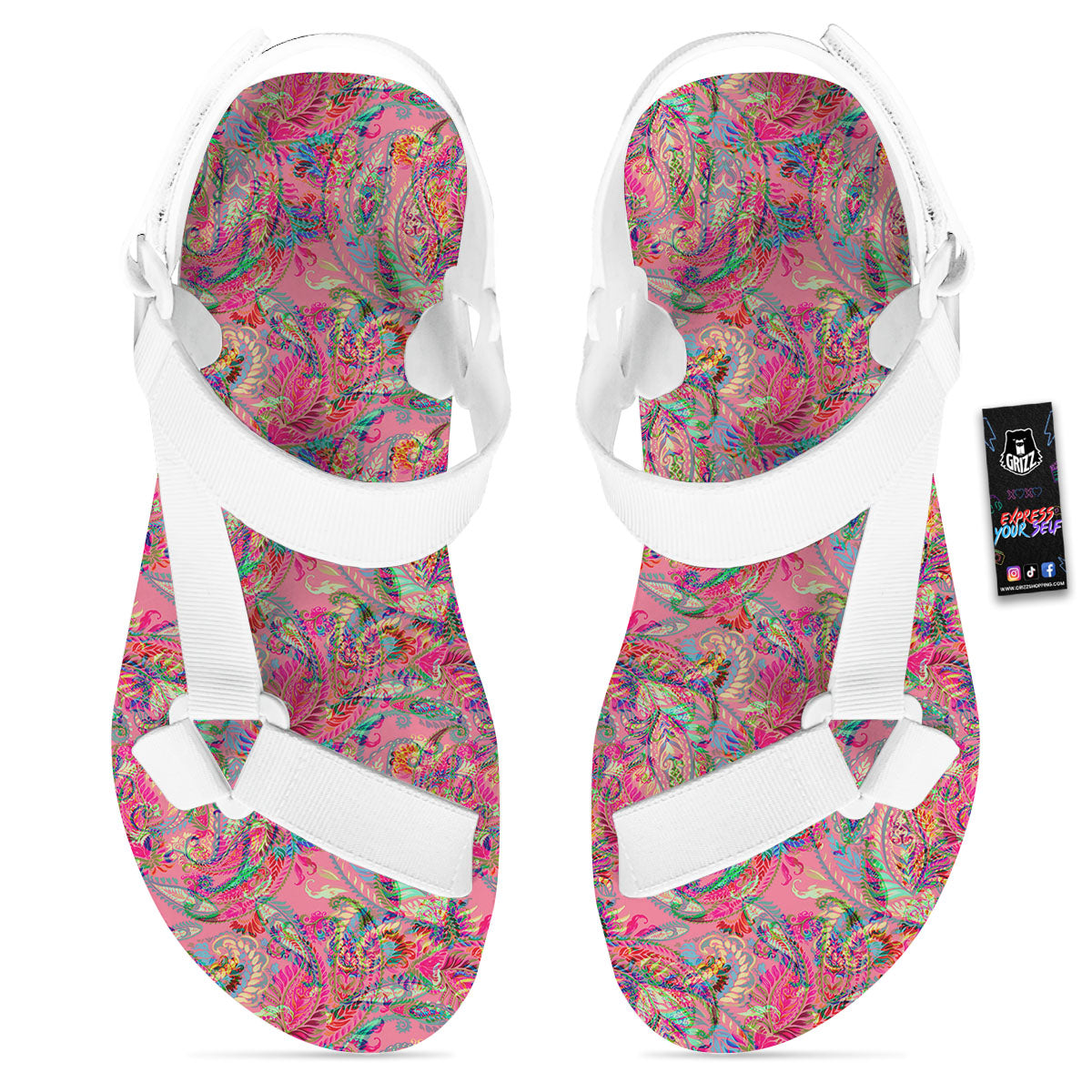 Paisley Pink Print Pattern White Open Toe Sandals-grizzshop