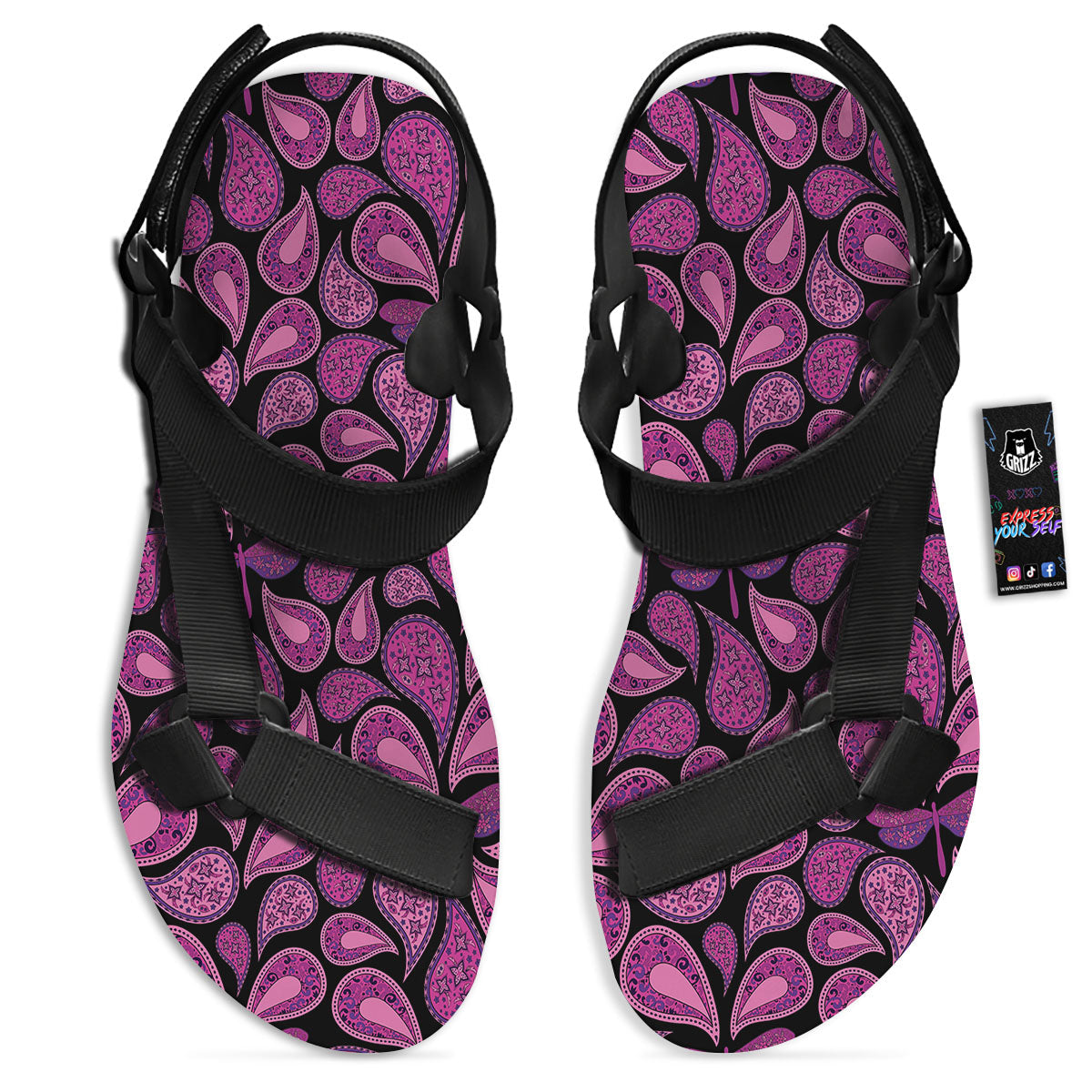 Paisley Purple Print Pattern Black Open Toe Sandals-grizzshop