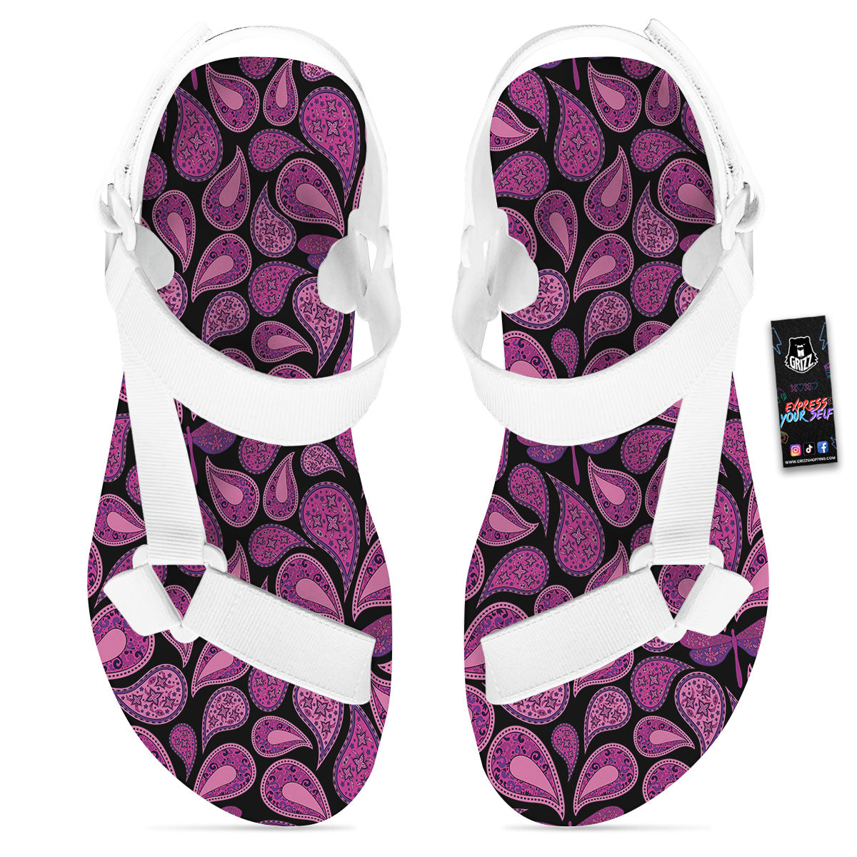 Paisley Purple Print Pattern White Open Toe Sandals-grizzshop
