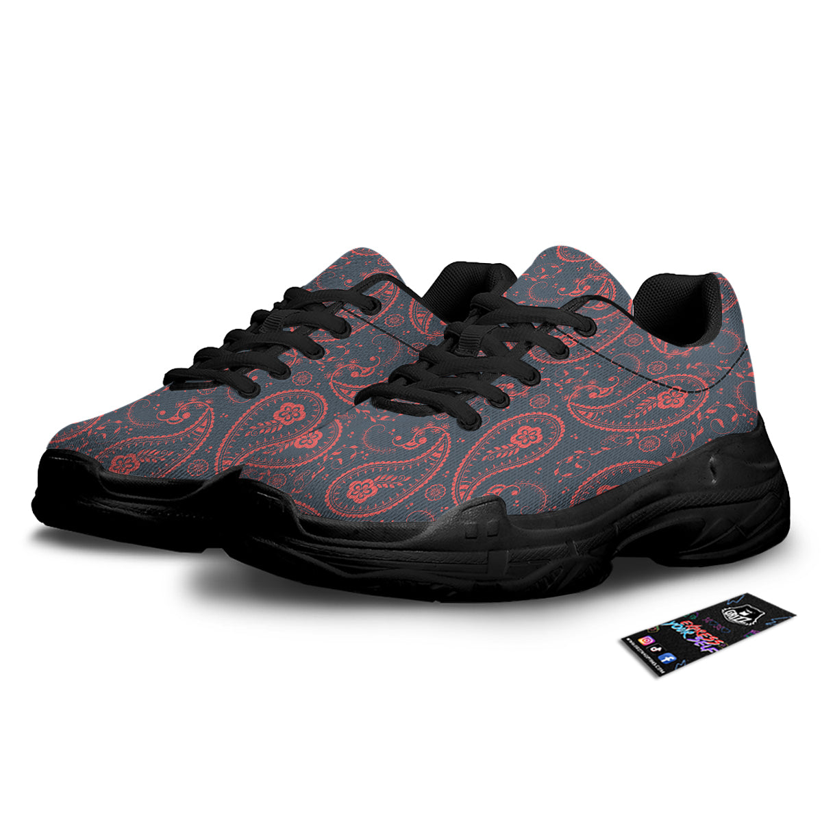 Paisley Red And Grey Print Pattern Black Chunky Shoes-grizzshop