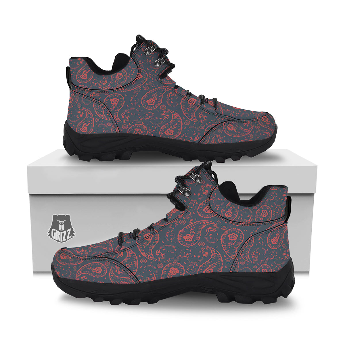 Paisley Red And Grey Print Pattern Hiking Shoes-grizzshop