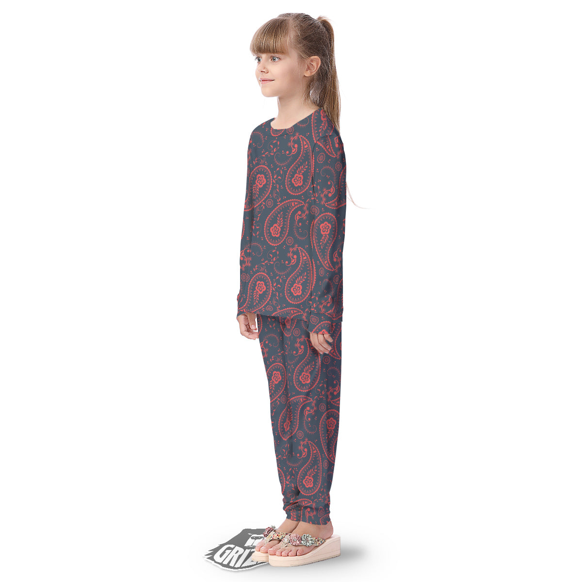 Paisley Red And Grey Print Pattern Kid's Pajamas-grizzshop