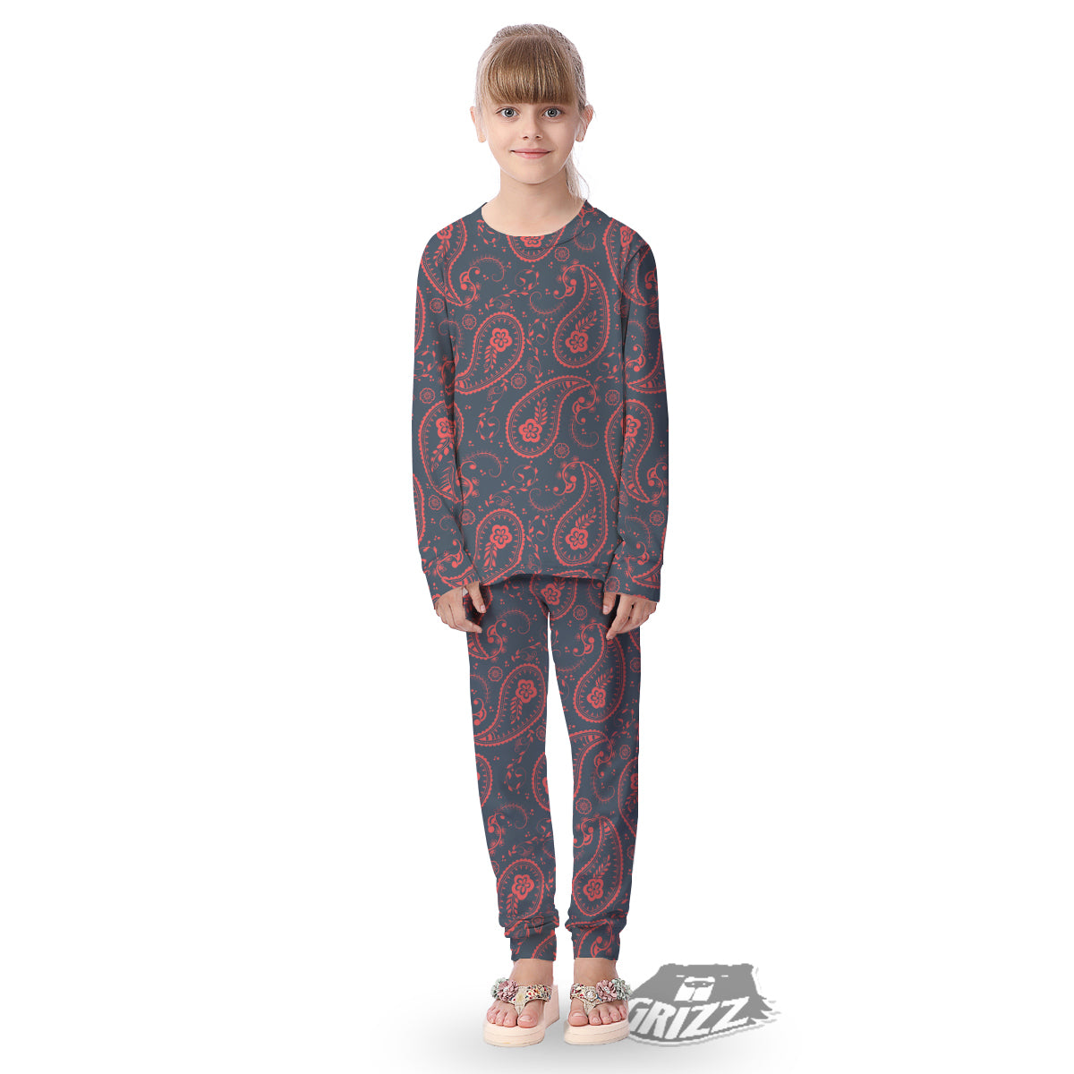 Paisley Red And Grey Print Pattern Kid's Pajamas-grizzshop