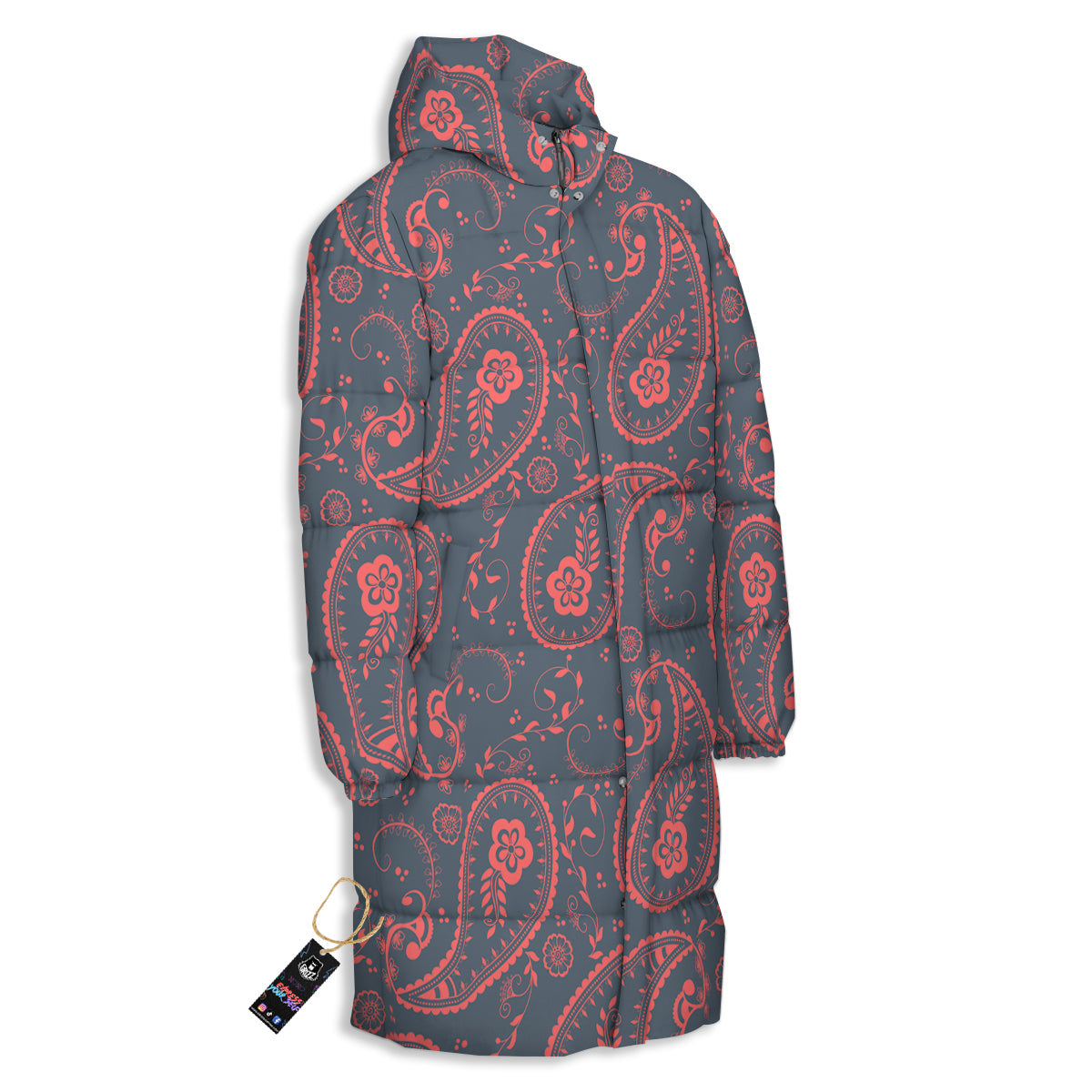 Paisley Red And Grey Print Pattern Long Down Jacket-grizzshop