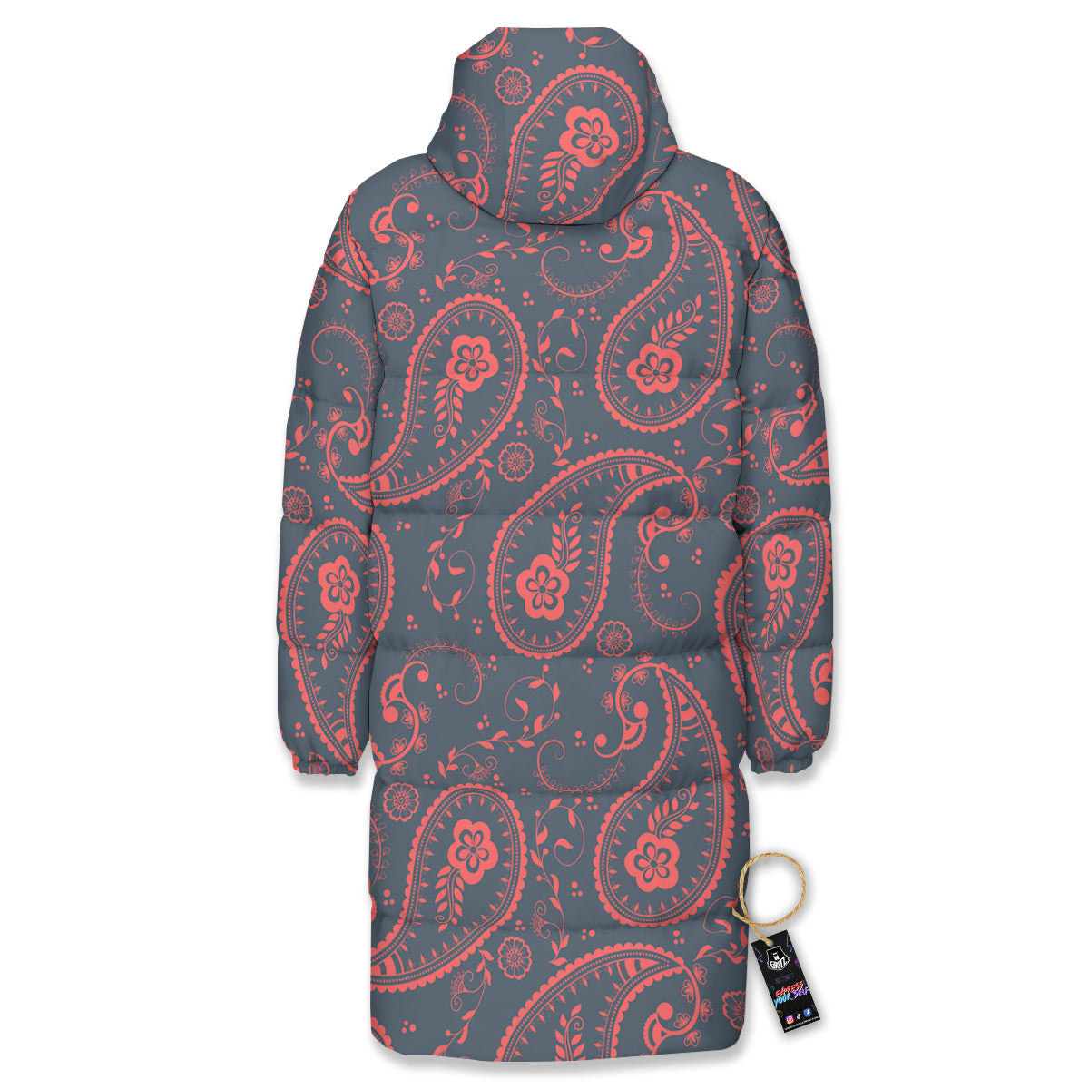 Paisley Red And Grey Print Pattern Long Down Jacket-grizzshop
