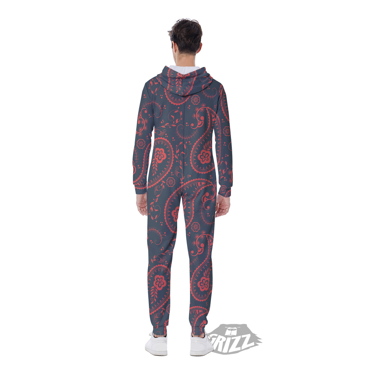 Paisley Red And Grey Print Pattern Men's Jumpsuit-grizzshop