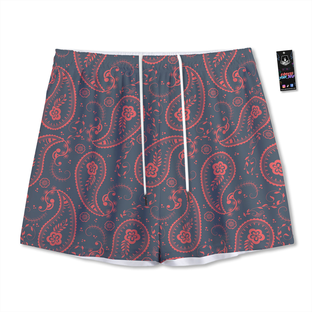 Paisley Red And Grey Print Pattern Mesh Shorts