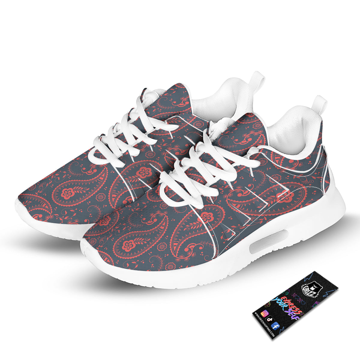 Paisley Red And Grey Print Pattern Tennis Shoes-grizzshop