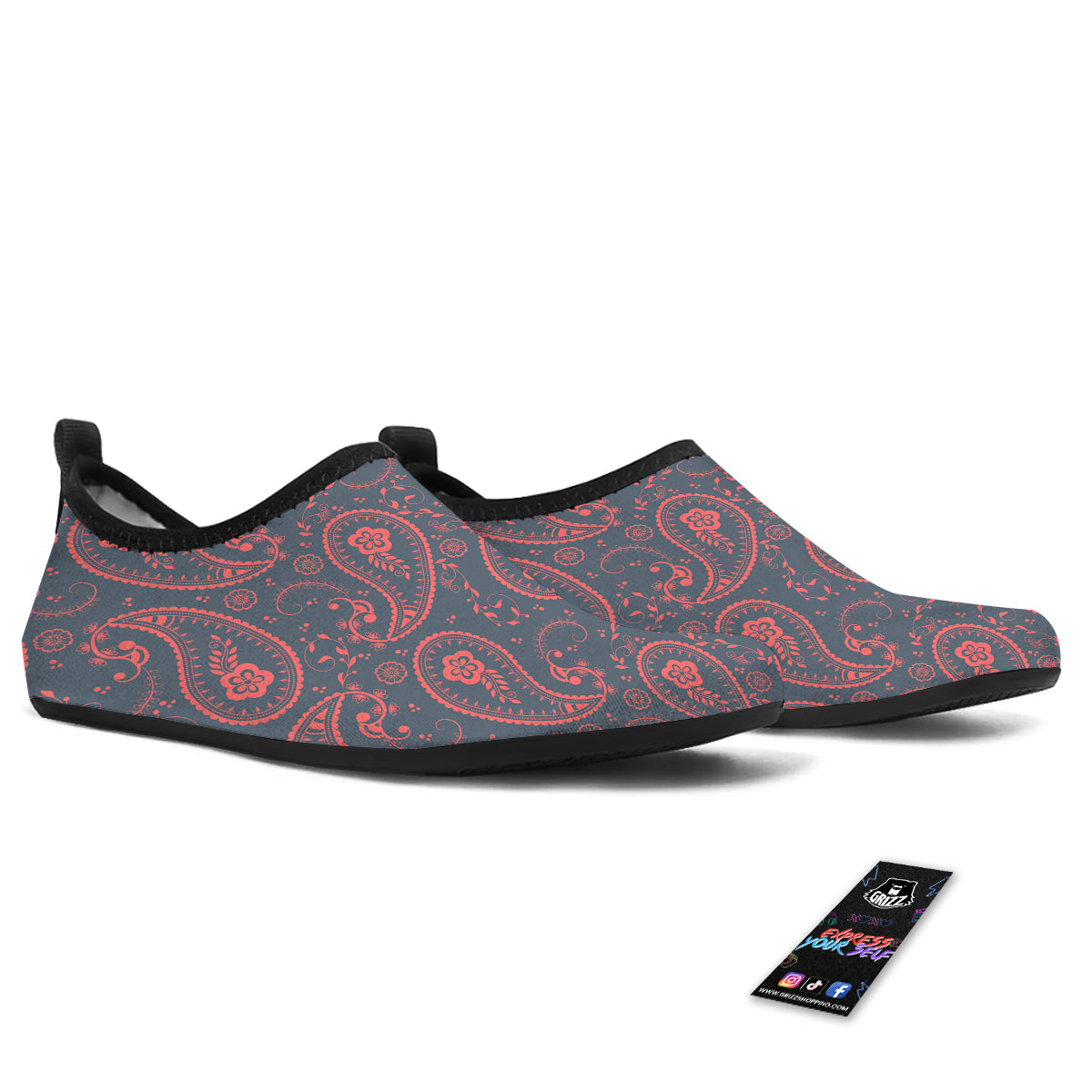 Paisley Red And Grey Print Pattern Water Shoes-grizzshop