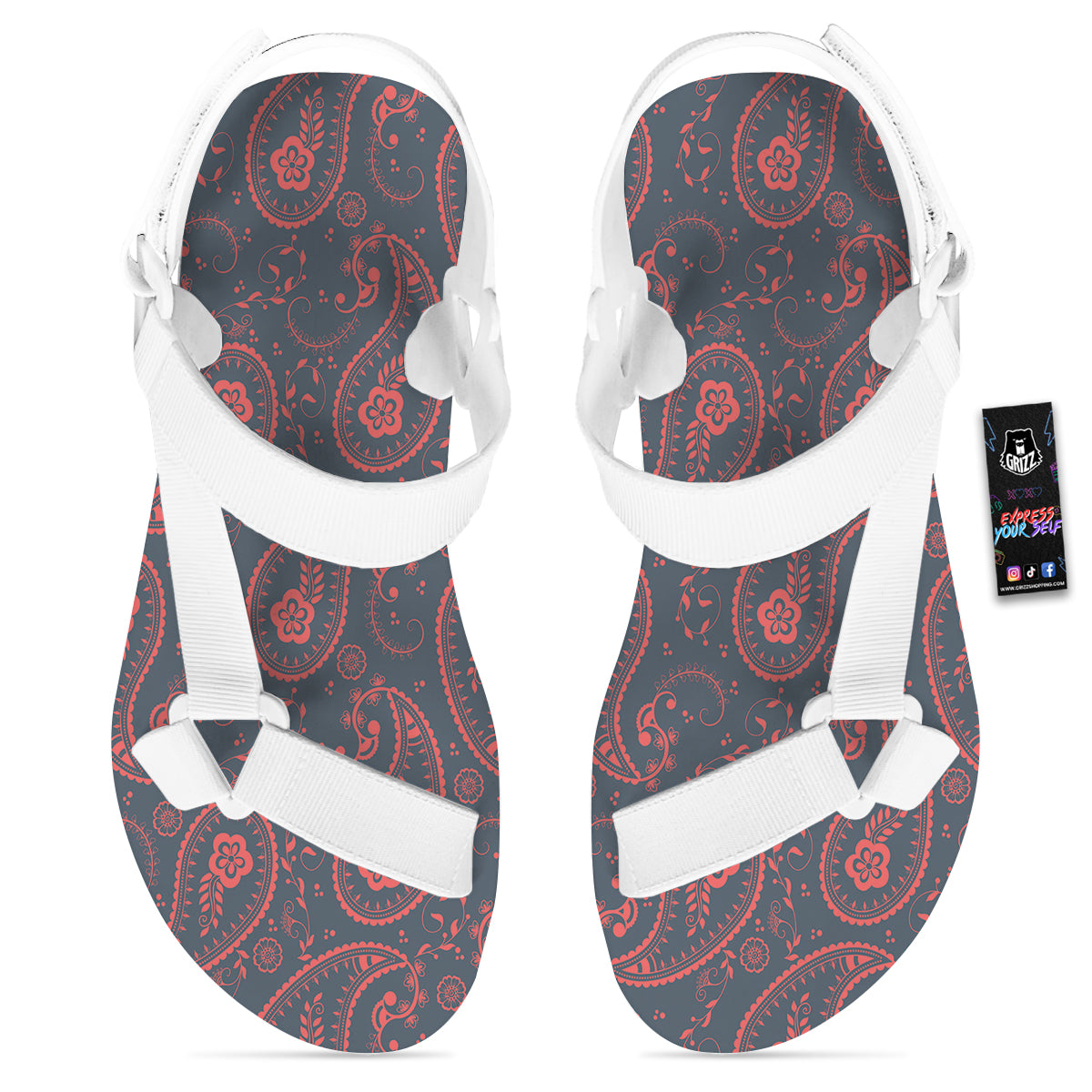 Paisley Red And Grey Print Pattern White Open Toe Sandals-grizzshop