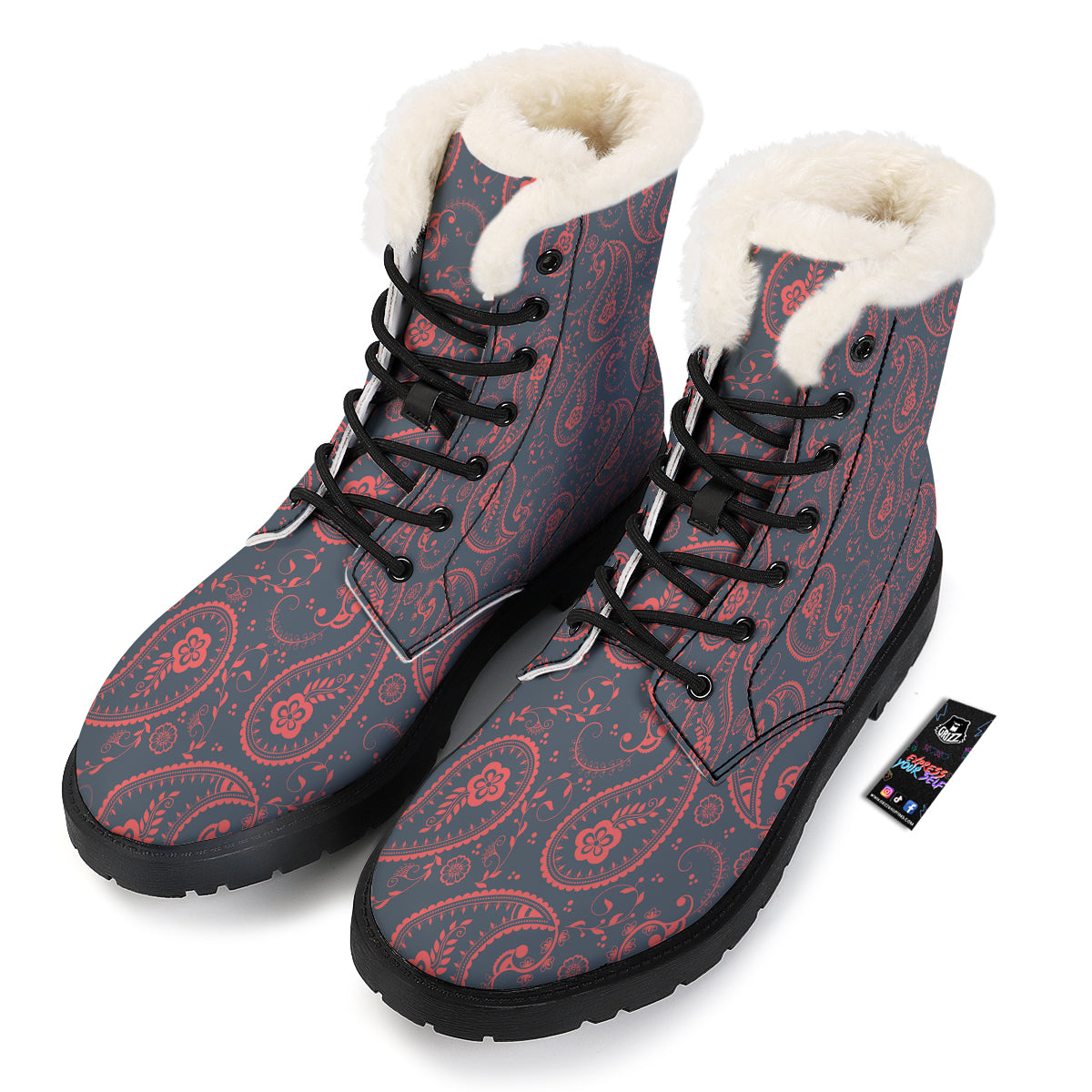 Paisley Red And Grey Print Pattern Winter Boots-grizzshop