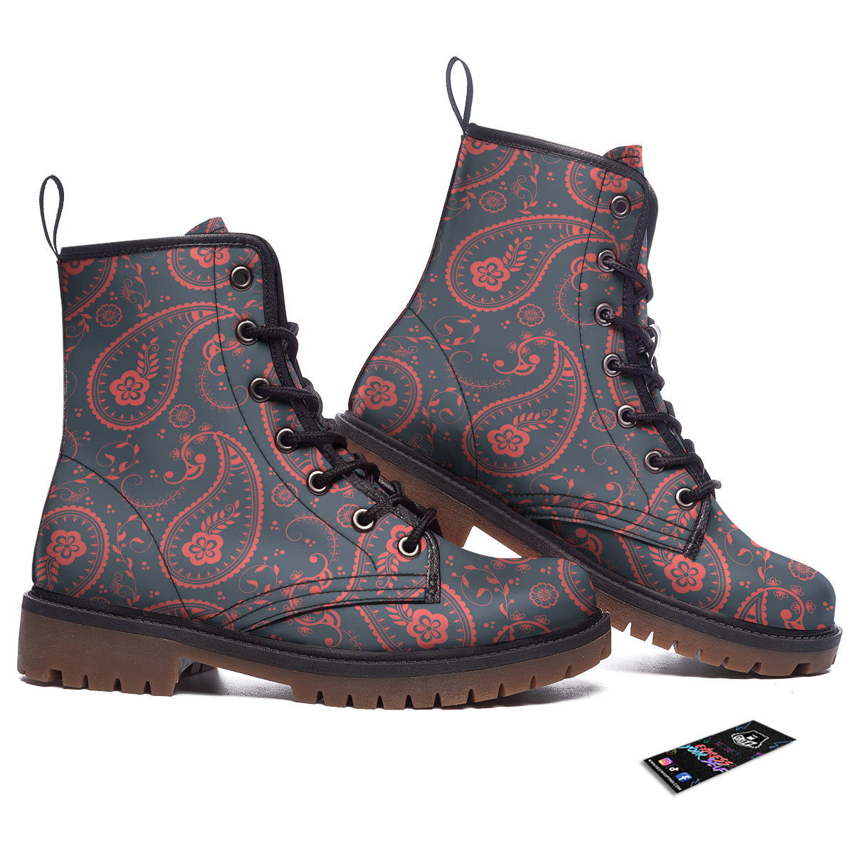 Paisley Red And Grey Print Pattern Work Boots-grizzshop