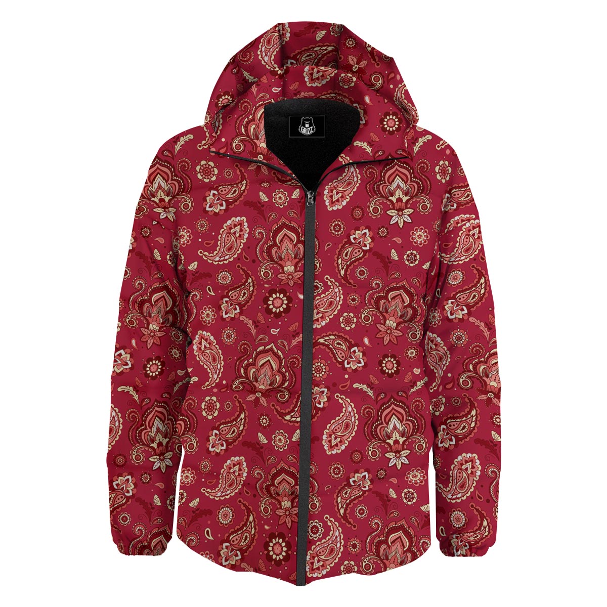 Paisley Red Print Pattern Down Jacket-grizzshop
