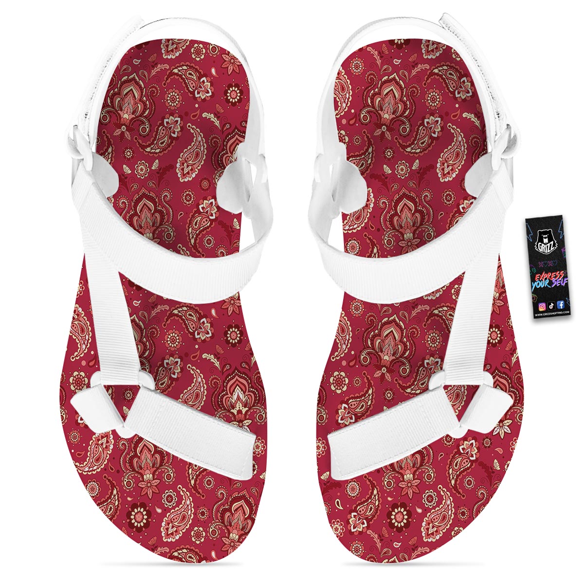 Paisley Red Print Pattern White Open Toe Sandals-grizzshop