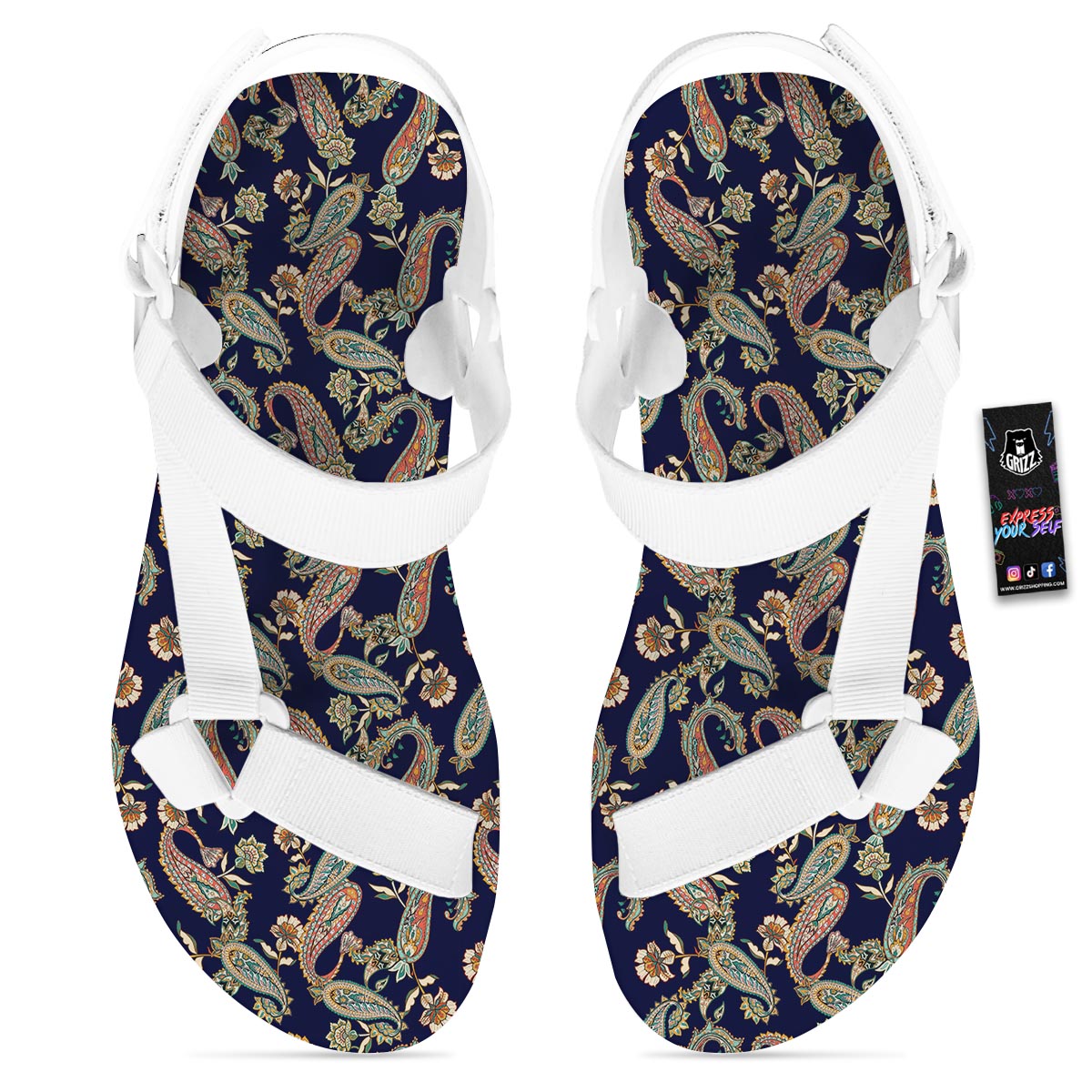 Paisley Retro Print Pattern White Open Toe Sandals-grizzshop