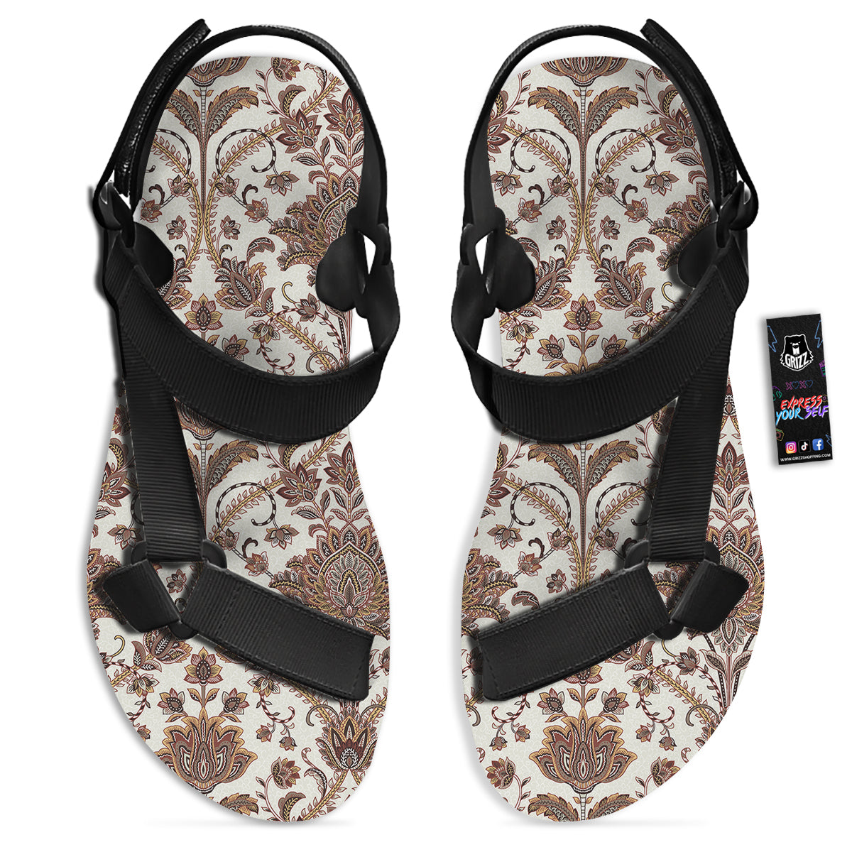 Paisley Vintage Pattern Black Open Toe Sandals-grizzshop