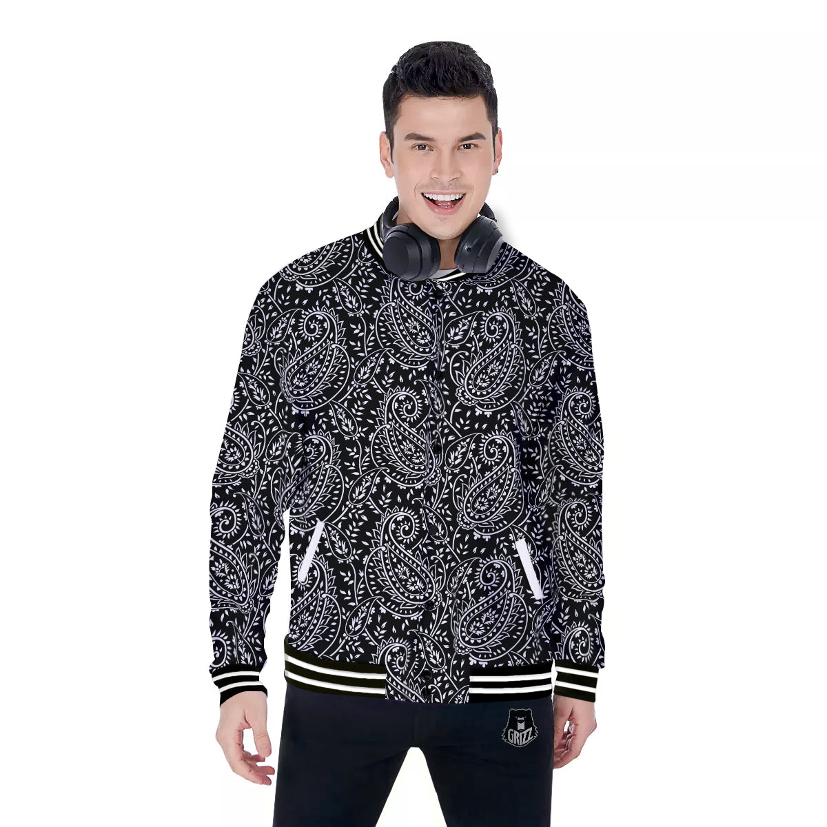 Paisley White And Black Print Pattern Baseball Jacket-grizzshop