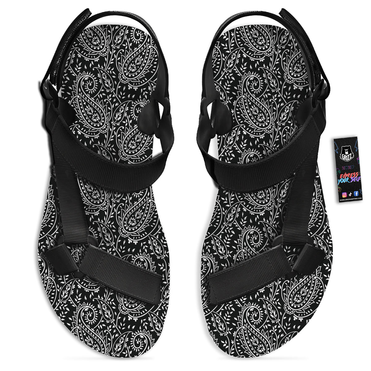 Paisley White And Black Print Pattern Black Open Toe Sandals-grizzshop