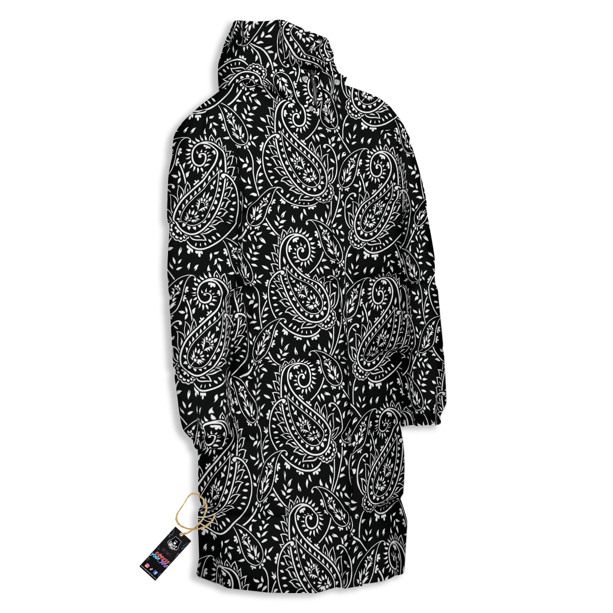 Paisley White And Black Print Pattern Long Down Jacket-grizzshop
