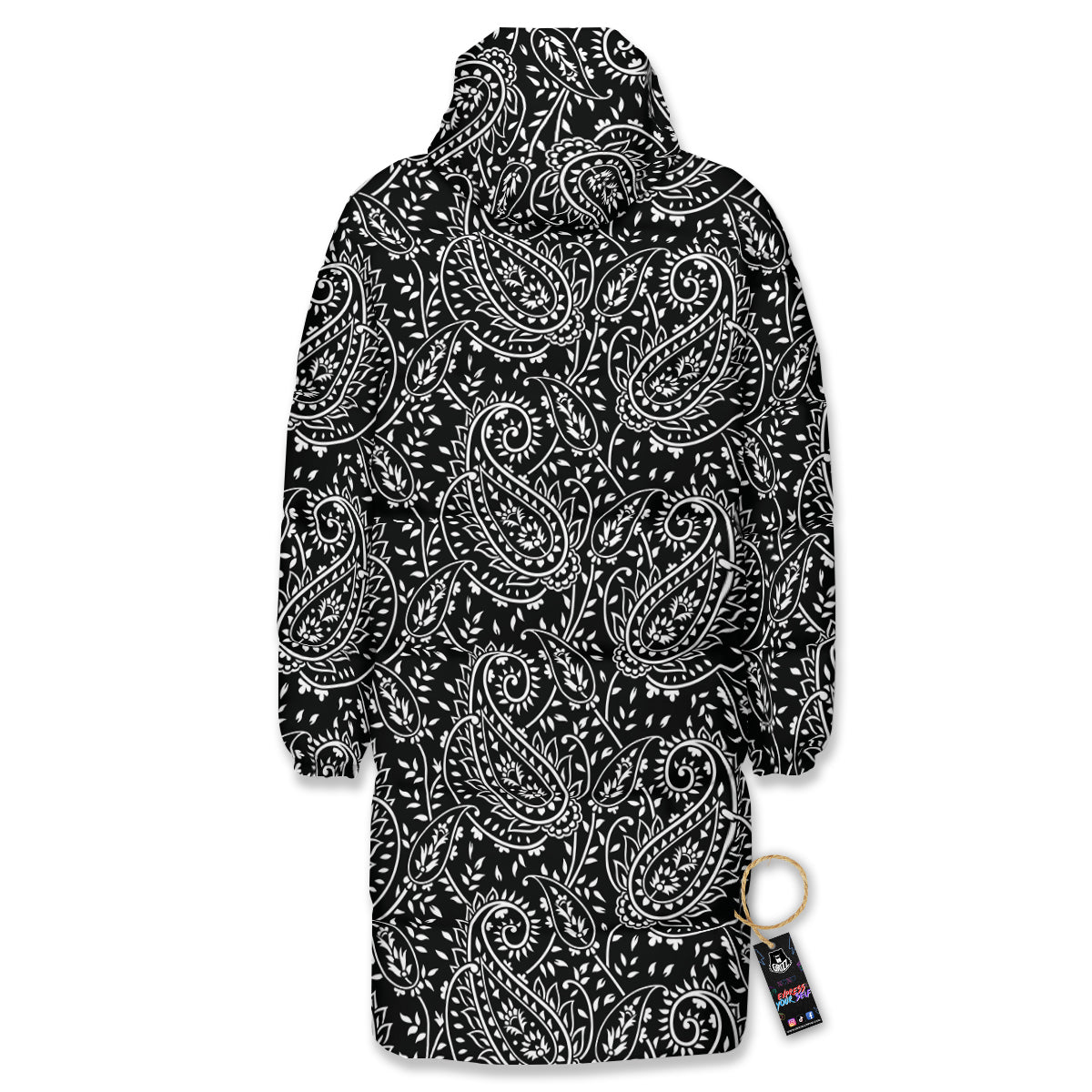 Paisley White And Black Print Pattern Long Down Jacket-grizzshop