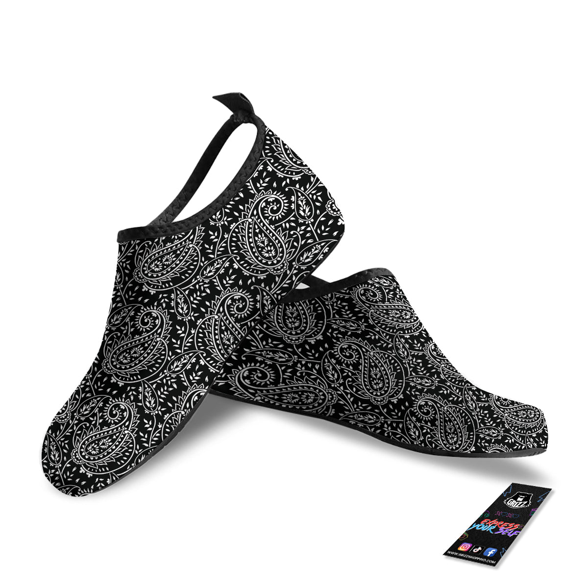 Paisley White And Black Print Pattern Water Shoes-grizzshop