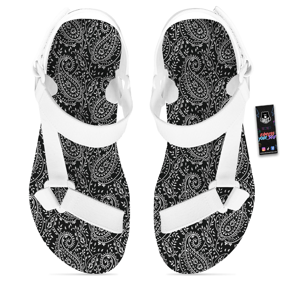 Paisley White And Black Print Pattern White Open Toe Sandals-grizzshop
