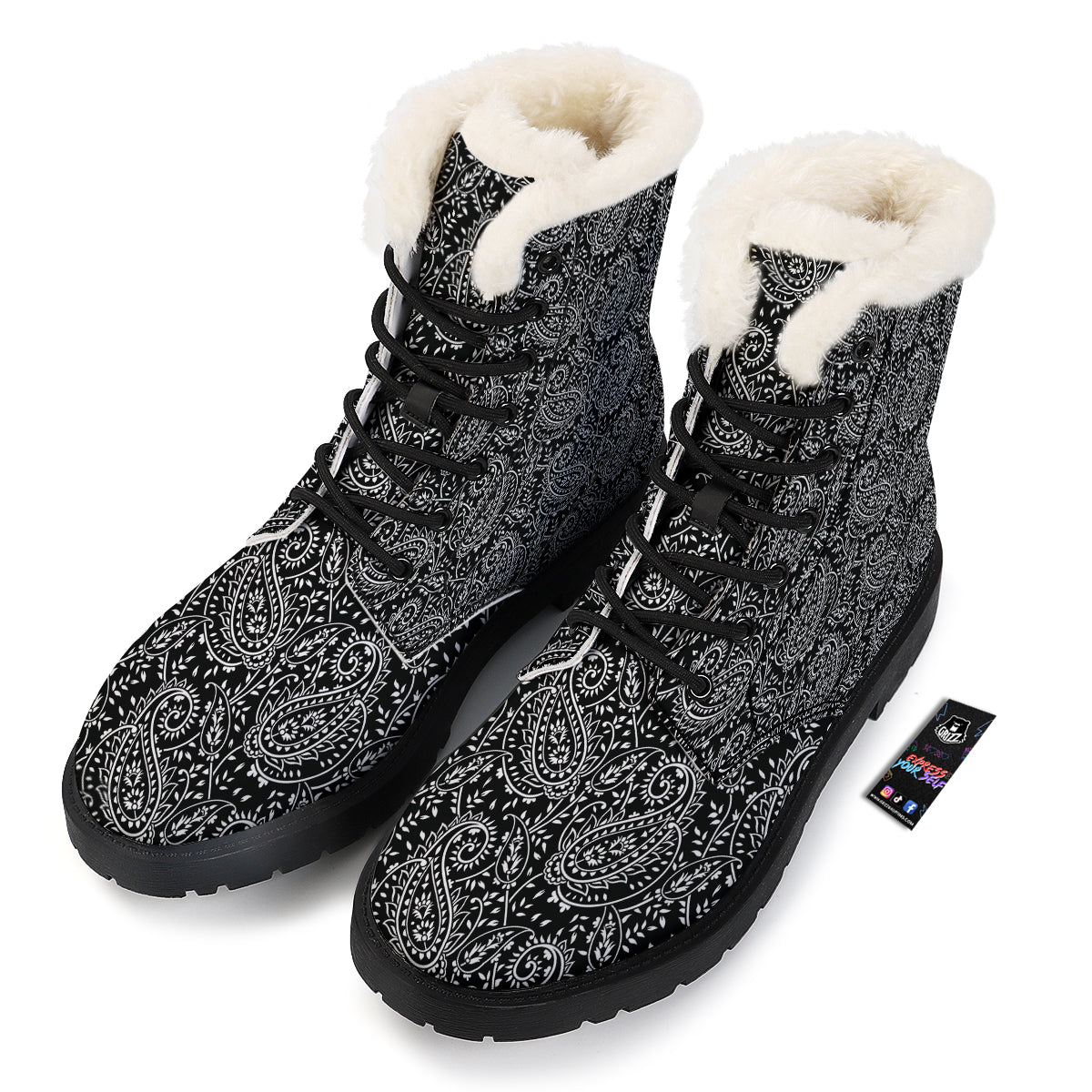 Paisley White And Black Print Pattern Winter Boots-grizzshop