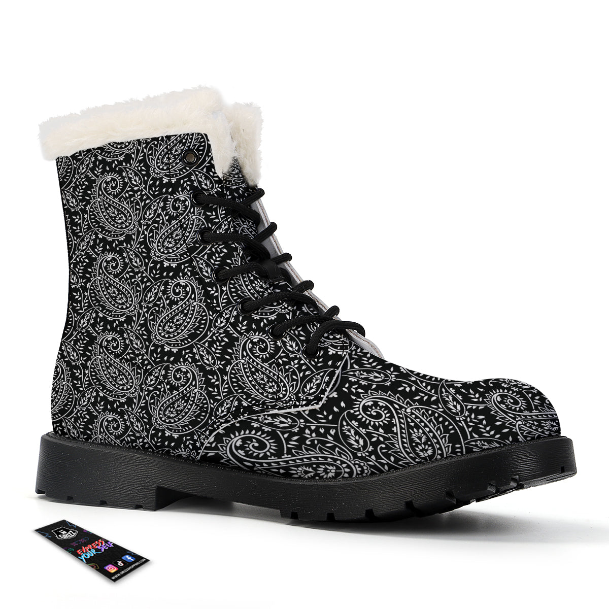 Paisley White And Black Print Pattern Winter Boots-grizzshop