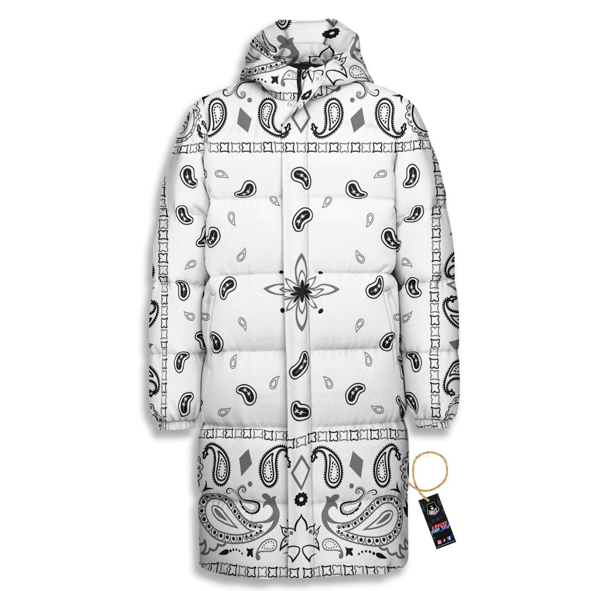 Paisley Bandana White And Black Print Long Down Jacket
